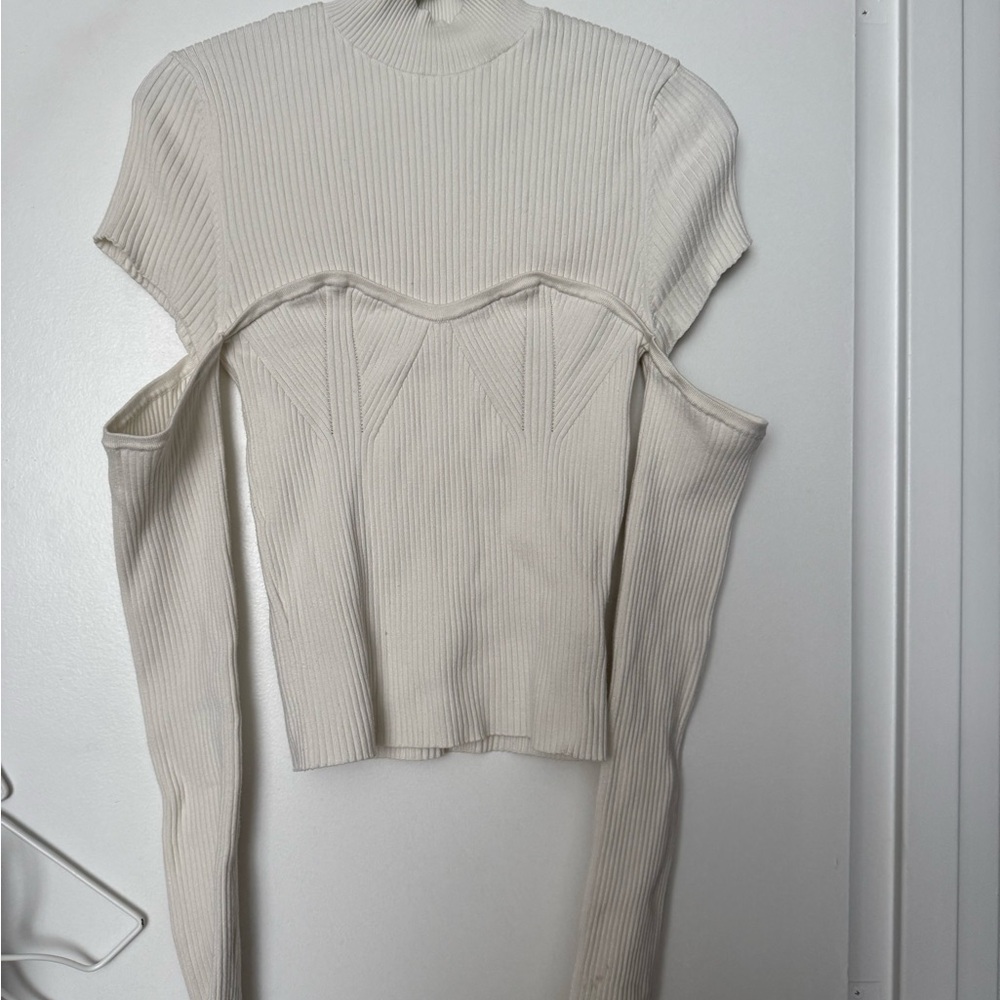 Cream Ribbed Cutout Mock Neck Women's Top